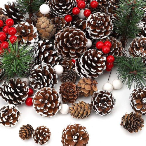 115Pcs Christmas Pine Cones Berry Pine Branch Set White Christmas Decorations, Assorted Sizes