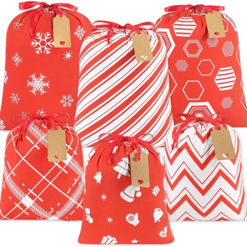 Fabric Drawstring Gift Bags Assorted, 6pcs Reusable Christmas Wrapping Sacks Cloth Pouches for Xmas Presents Party Favor