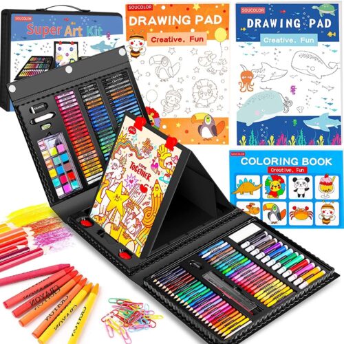 283 Pieces Drawing Set Art Kits with Trifold Easel, 2 Drawing Pads, 1 Coloring Book, Crayons, Pastels