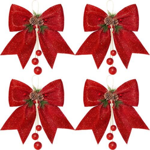 4pcs Christmas Bow 9.8 x 11.8in Red Wreaths