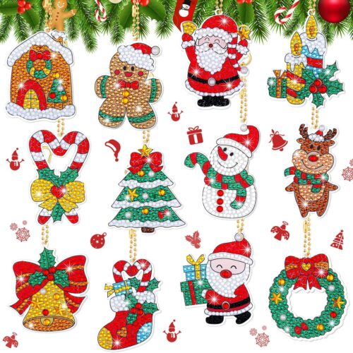 12 Pieces Christmas Diamond Painting Keychain 5D DIY