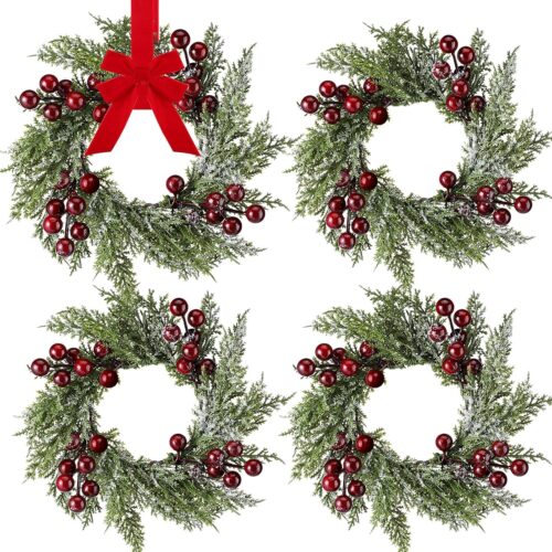 1 Christmas Wreath Artificial Red Berries and Pinecones Pillars Candle Rings (12 Pieces)