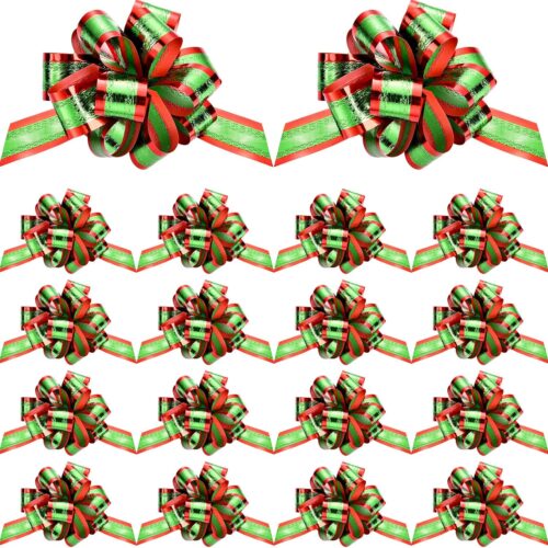 20 Pieces Christmas Pull Bows 5 Inch Xmas Bows with Ribbons (Green with Red Edge)