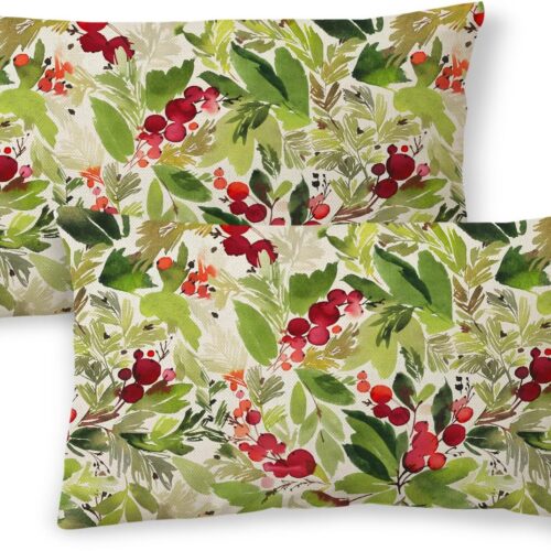 1 2 Pcs Watercolor Holly Christmas Pillow Covers 12x20
