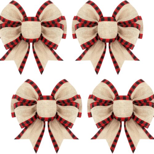 4 Pieces Christmas Burlap Plaid Bow (Red and Black)