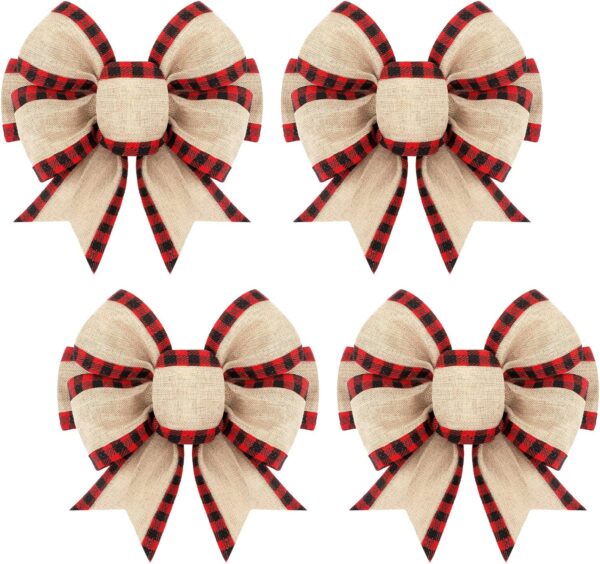 4 Pieces Christmas Burlap Plaid Bow (Red and Black) 1