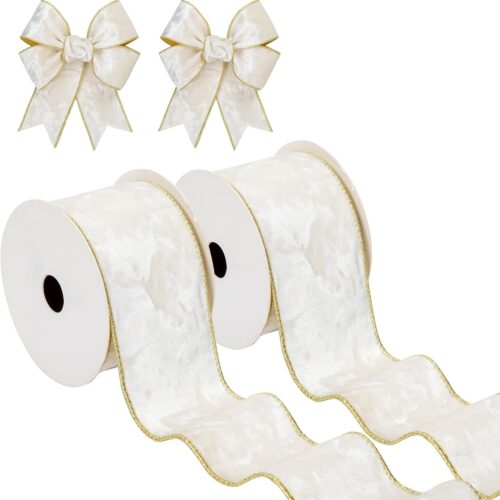 White and Gold Velvet Christmas Ribbon 2.5 Inch (2 Rolls, 20 Yards)
