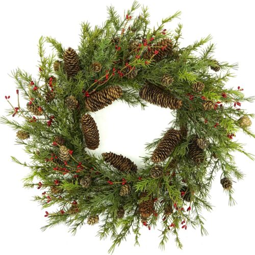 22 inch Artificial Christmas Wreath with Pine Cones and Needles for Indoor Outdoor Holiday Home Decor