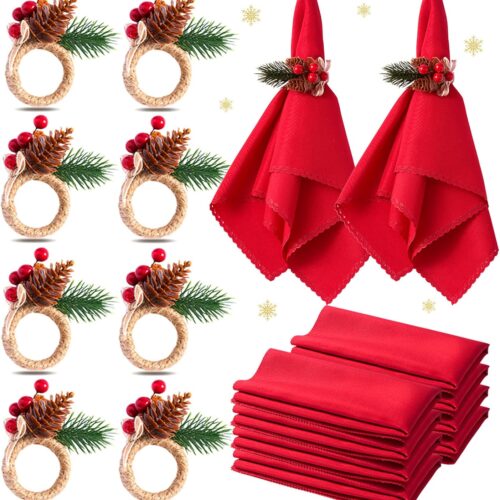 16 PCS Evergreen Snowy Pinecone Christmas Napkin Rings Set of 8 & 8 PCS Christmas Cloth Napkins