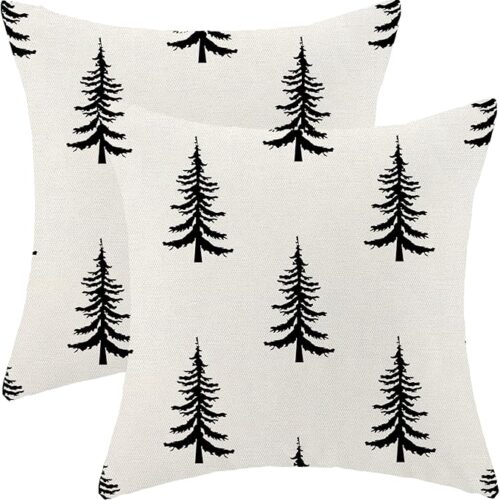 Set of 2 Cream Black Christmas Throw Pillows