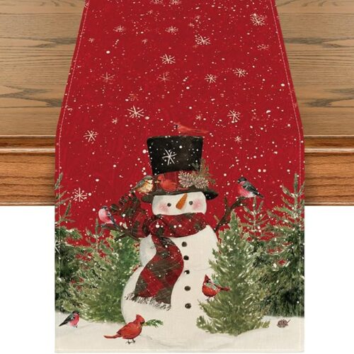 Snowman Trees Snowflakes Christmas Table Runner