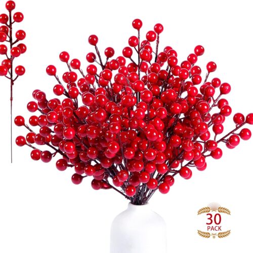 30 Pack Artificial Red Berry Stems 8.9inch