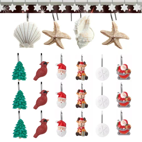 1 12X DECORATIVE Bath Shower Curtains Liner Hooks Anti-Rust for Bathroom Christmas
