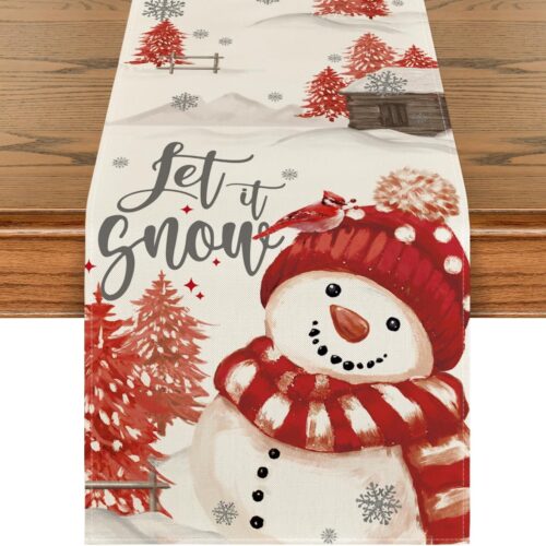 1 13x72 Inch Xmas Trees Let It Snow Red Snowman Christmas Table Runner