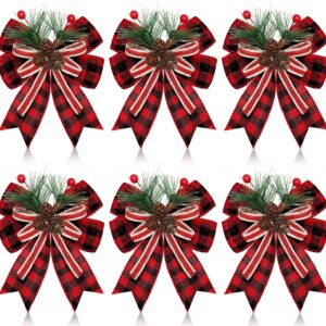 6 Pcs Christmas Burlap Plaid Bow with Pine Cones