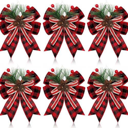 1 6 Pcs Christmas Burlap Plaid Bow with Pine Cones