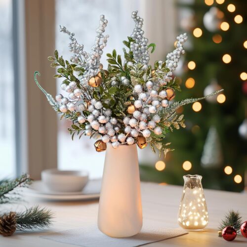 1 4 Pack Silver Holly Berry Stems Picks in a Vase for Centerpiece Table Decoration