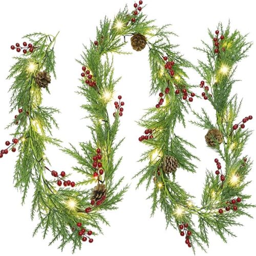 1 Xmas Lighted Garland with Pinecones Red Berries