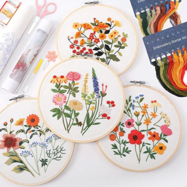4 Sets Embroidery Kit for Beginners, Flower Cross Stitch Kits with Floral Stamped Pattern, 2 Hoops, Needles, Scissors, Tools 1