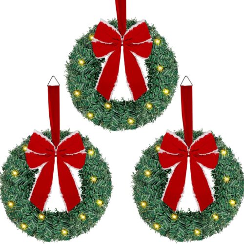 1 3 Pack Lighted Christmas Front Door Mini Wreath (Red Bow)