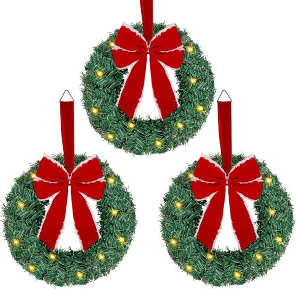 3 Pack Lighted Christmas Front Door Mini Wreath (Red Bow) 1