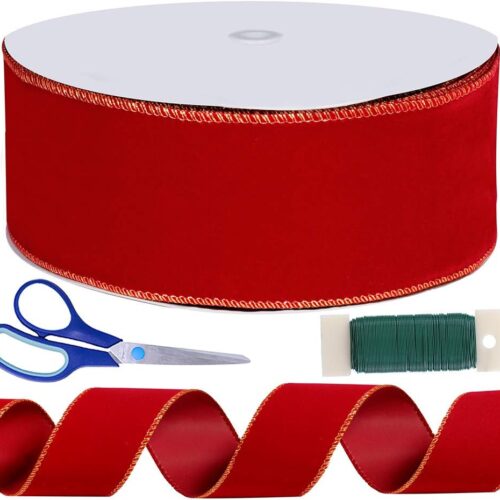 1 50 Yards Christmas Red Velvet Gold Edge Wired Ribbon 2-1/2" Wide