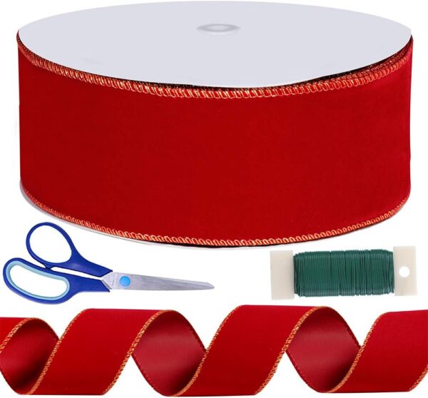 50 Yards Christmas Red Velvet Gold Edge Wired Ribbon 2-1/2" Wide 1