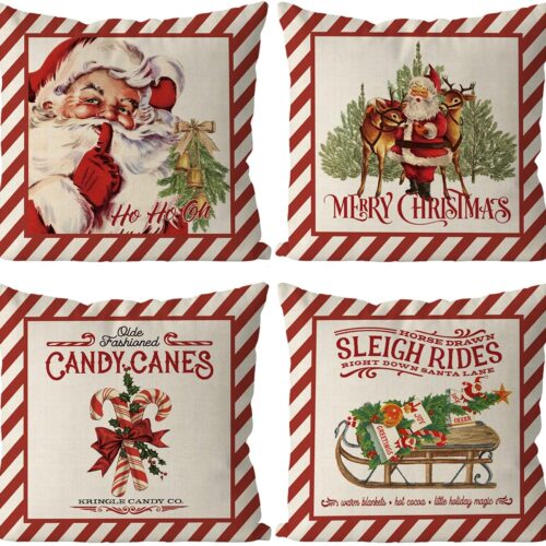 Christmas Throw Pillow Covers Candy Canes Elk Santa Claus Sleigh Rides 18 x 18 Inch Set of 4