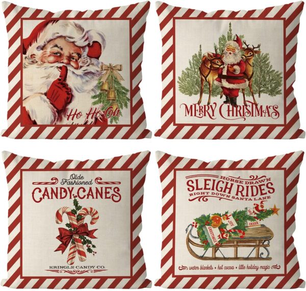 Christmas Throw Pillow Covers Candy Canes Elk Santa Claus Sleigh Rides 18 x 18 Inch Set of 4 1