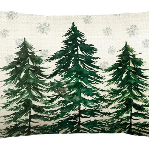 Watercolor Green Christmas Trees Snowflake Throw Pillow Cover, 12 x 20 Inch
