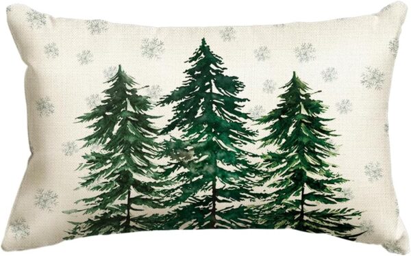 Watercolor Green Christmas Trees Snowflake Throw Pillow Cover, 12 x 20 Inch 1