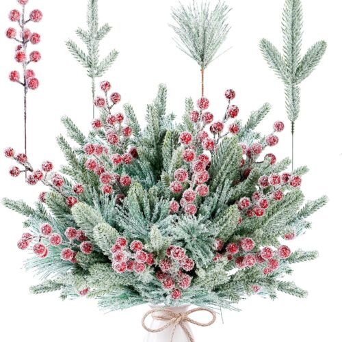 60 Pcs Artificial Snowy Pine Branches Fake Frosted Greenery Pine