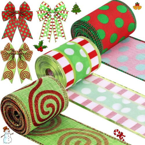 3 Rolls Christmas Wired Ribbon 2.56 Inch 18 Yard Wide Red and Lime Green