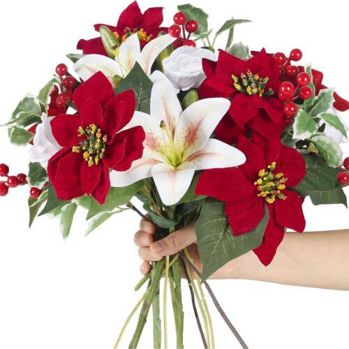 Artificial Poinsettia Bouquet 17PCS Flowers Head Christmas Flowers Silk Floral Arrangement Tiger Lily Rose with Red Berries