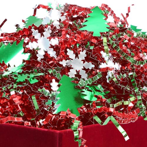1LB Metallic Red Green Crinkle Cut Paper Shred Filler w/Tree & Snowflake Confetti