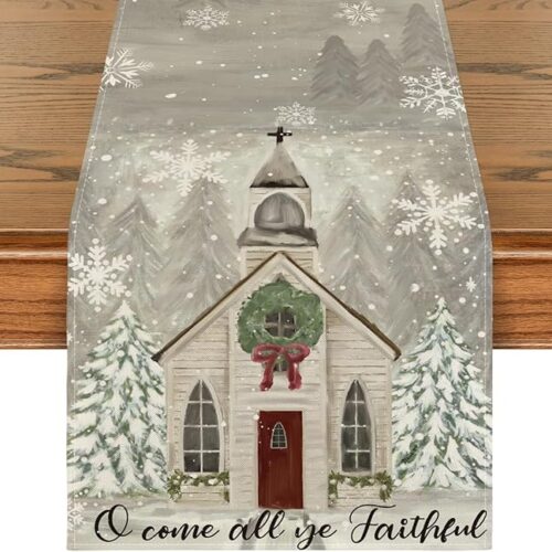 Church Xmas Trees Snowflakes Merry Christmas Table Runner