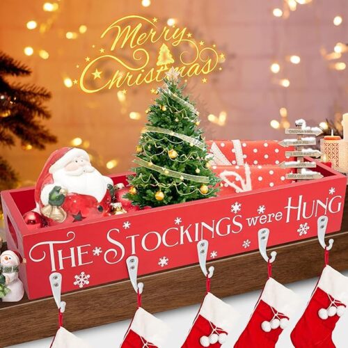 1 Wooden Box with 5 Hook Stockings Hangers