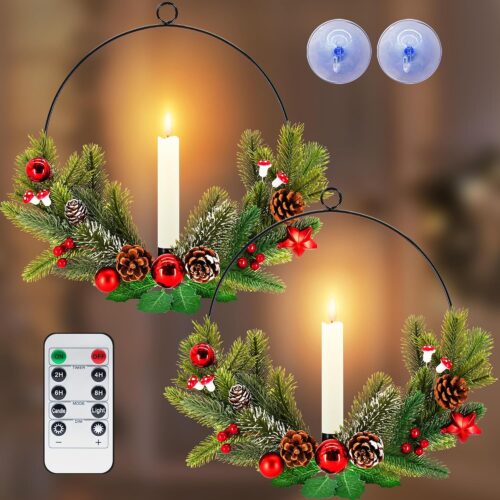 2Pack Christmas Wreaths for Front Door with Timer & Flickering LED Taper Candles & Remote, 16'' Windows Wreaths