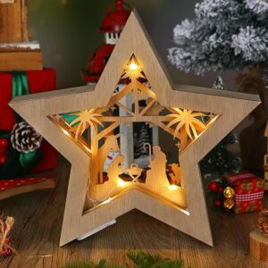 Christmas Nativity Scene Wooden Nativity Decor with LED Light