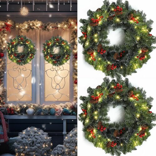 2 Pcs 20 Inch Pre Lit Christmas Wreaths Lighted Xmas