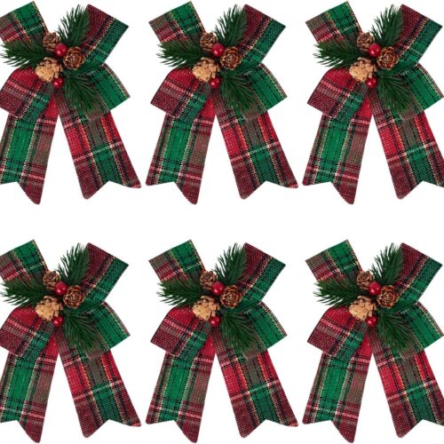 6PCS Christmas Wreaths Bows with Pinecones, 6 x 5.1 Inches