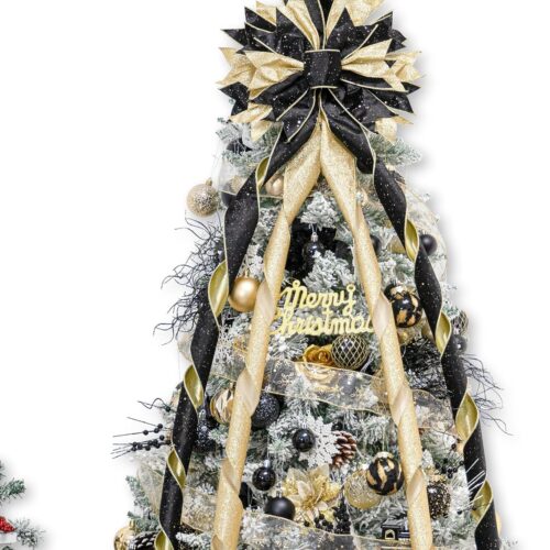 Christmas Tree Topper Bow, 53x13 Inches Large Christmas Bow with Glitter Streamer, Decorative Ribbon Bows (Black & Gold)