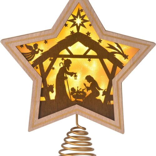Christmas Tree Topper, Battery Powered LED Light Up Christmas Tree Decorations 7.87" x 9.25" (Brown)
