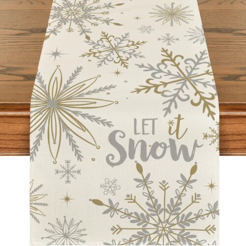 Beige Snowflake Let It Snow Winter Table Runner, 13x72 Inch