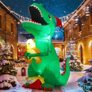 6.5 FT Christmas Inflatables Dinosaur Outdoor Decorations Blow Up Yard T Rex with Xmas Hat Holding a Bear with Built-in LEDs