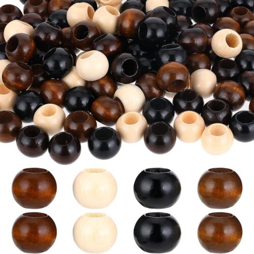 100PCS Wooden Beads, 20mm Brown Wooden Macrame Beads, Large Hole Round Craft Beads in 4 Colors (100)