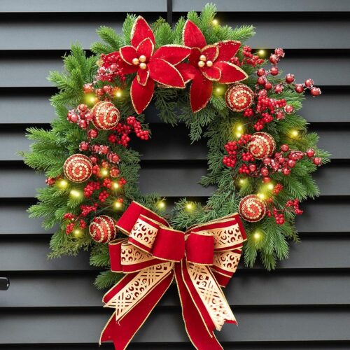 Outdoor Christmas Wreath with Lights Red Bow Berries and Balls Ornaments