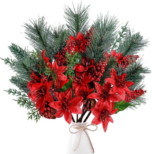 6 Pack Artificial Christmas Poinsettia Picks Faux Berries Pine Stems (Red) 1