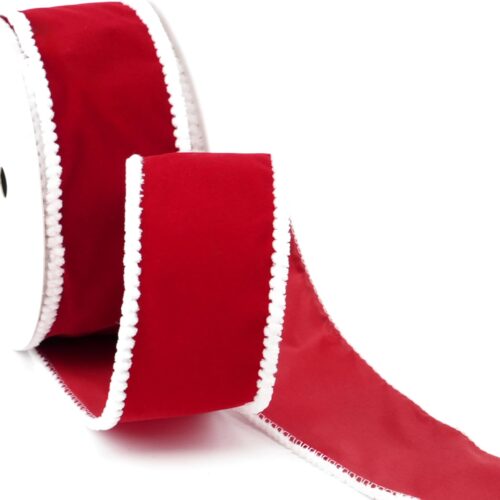 2.5 Inch Red Velvet Wired Ribbon with White Snowy Edge for Gift Wrapping