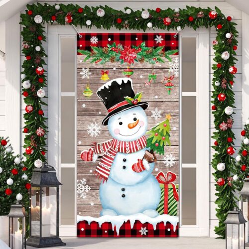 1 Snowman Wood Grain Christmas Door Cover, 6 x 3 Feet